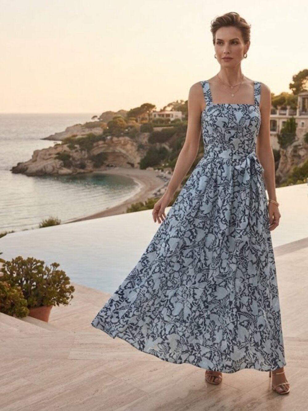 Club Monaco Silk Blend Light Blue Floral Maxi Dress with Belt & Pockets  EUC